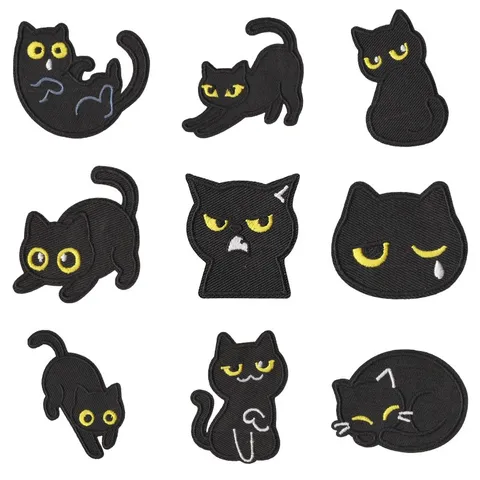 Black Cat Embroidered Patch Cartoon Animal Badge Iron On Applique For Clothing Repair DIY Decorative Fabric