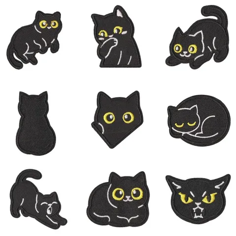 Black Cat Embroidered Patch Cute Cartoon Animal Iron On Badge For Clothes Backpack Repair DIY Decorative Applique