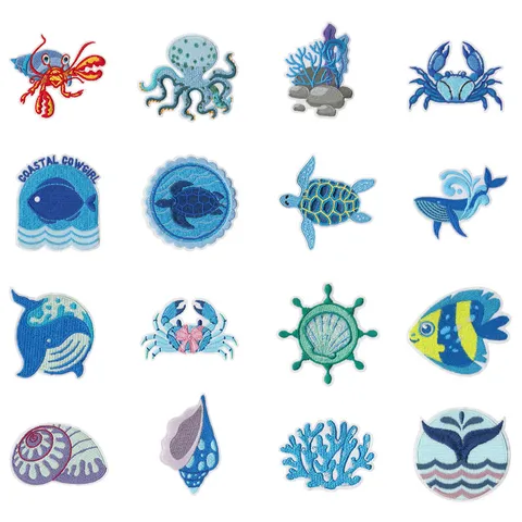Ocean Theme Embroidery Cloth Patches Cute Marine Life Blue Whale Crab Turtle Iron On Patches For Clothing DIY