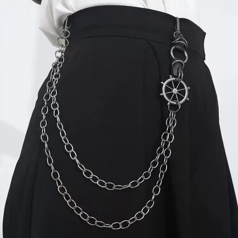 Punk Hip Hop Double Layer Pants Chain With Steering Wheel Pendant Unisex Metal Wallet Chain Streetwear Jeans Trousers Accessories