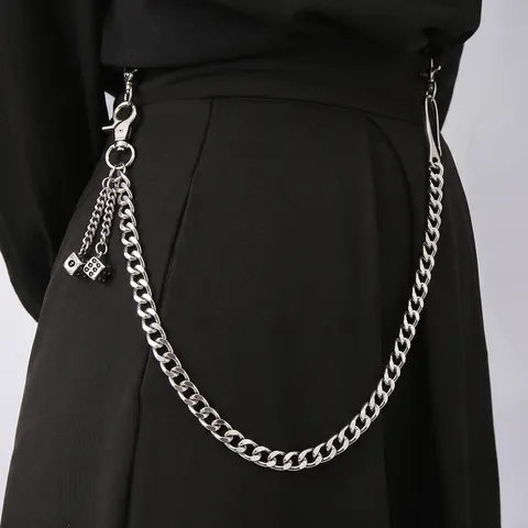 Punk Street Style Metal Pants Chain Hip Hop Unisex Waist Chain With Dice Pendant Silver Fashion Accessories