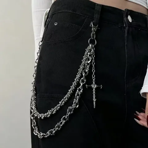Punk Gothic Metal Pants Chain Double Layer Skull Cross Pendant Waist Chain Hip Hop Rock Streetwear Jewelry