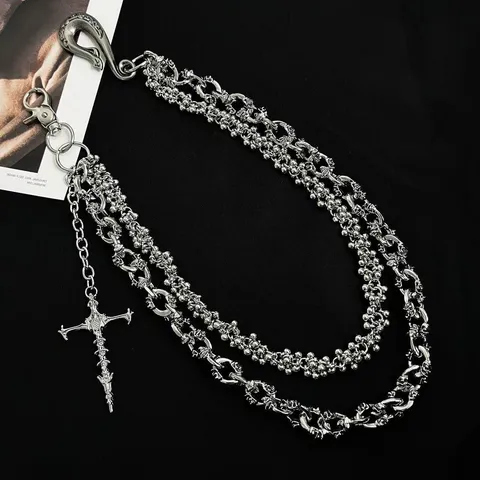 Punk Gothic Metal Pants Chain Double Layer Skull Cross Pendant Waist Chain Hip Hop Rock Streetwear Jewelry