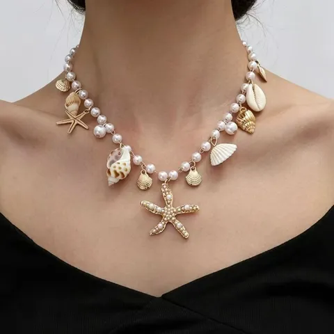 Boho Κολιέ Μενταγιόν Κοχύli Παραλίας Τεχνητό Μαργαριτάρι Αστερίας Κοχύλι Στρώσεις Χρυσή Αλυσίδα Κοσμήματα για Γυναίκες