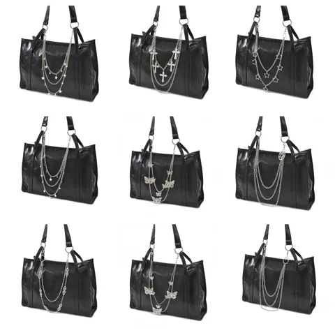 Women Tote Bag With Punk Gothic Metal Chain Cross Skull Star Bag Pendant Fashion Commuter Handbag Accessories