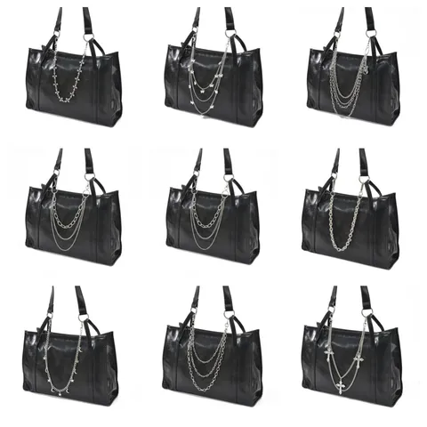 Women Tote Bag With Punk Gothic Metal Chain Cross Skull Star Bag Pendant Fashion Commuter Handbag Accessories
