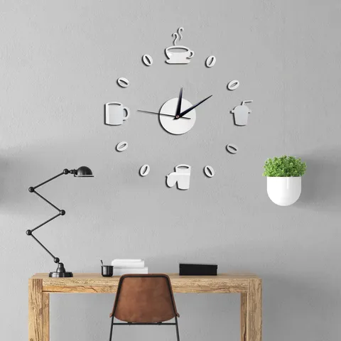Modern Acrylic Mirror Wall Clock DIY Coffee Theme Silent Quartz Clock Living Room Home Decor Wall Sticker Art
