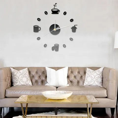 Modern Acrylic Mirror Wall Clock DIY Coffee Theme Silent Quartz Clock Living Room Home Decor Wall Sticker Art