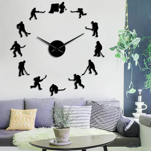 Acrylic Mirror Wall Clock DIY Hockey Player Silhouette 3D Wall Sticker European Style Large Modern Wall Clock Home Decor