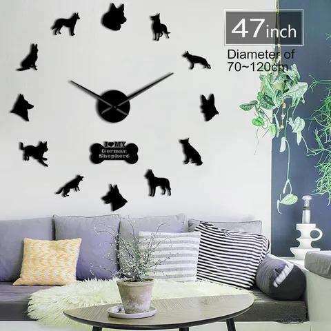 DIY Large Wall Clock Acrylic Mirror 3D Wall Sticker German Shepherd Dog Silhouette Silent Frameless Wall Clock For Living Room Home Decor
