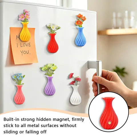 3D Printed Magnetic Flower Vase Refrigerator Magnet Creative Spiral Plant Pot Cute Fridge Sticker Home Kitchen Decor
