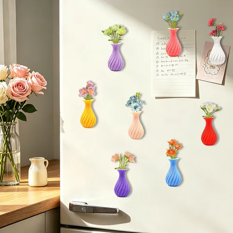 3D Printed Magnetic Flower Vase Refrigerator Magnet Creative Spiral Plant Pot Cute Fridge Sticker Home Kitchen Decor