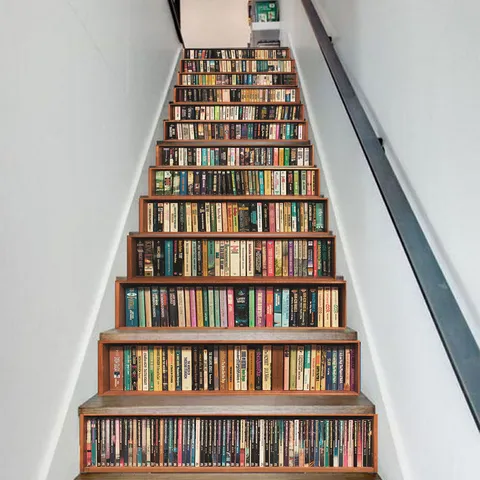 3D Bookshelf Stair Stickers Waterproof Removable PVC Stair Risers Decals Home Decor Staircase Wall Mural