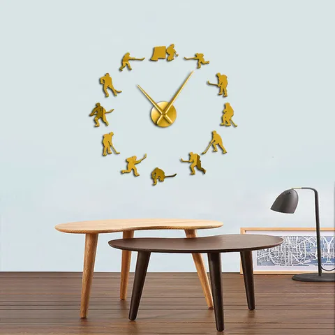 Acrylic Mirror Wall Clock DIY Hockey Player Silhouette 3D Wall Sticker European Style Large Modern Wall Clock Home Decor