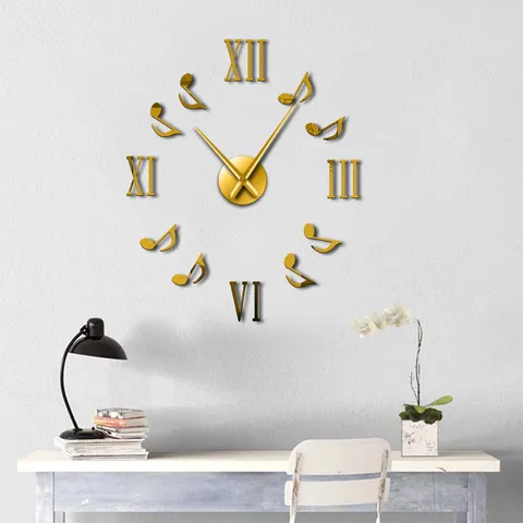 Stile Europeo Orologio da Parete in Acrilico Specchio 3D DIY Note Musicali Numeri Romani Grande Orologio per Soggiorno Decorazioni