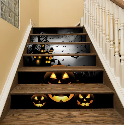 Halloween Stair Stickers Waterproof Removable PVC Stair Riser Decals Pumpkin Castle Wall Murals Holiday Decor