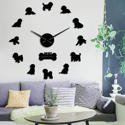 European Style Acrylic Mirror Wall Clock DIY Bichon Frise Dog Wall Sticker Large Clock For Living Room Home Decor
