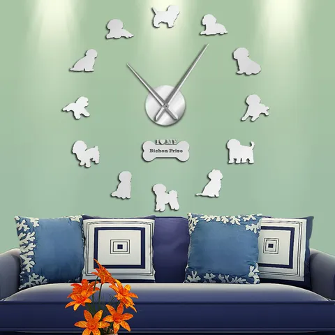 European Style Acrylic Mirror Wall Clock DIY Bichon Frise Dog Wall Sticker Large Clock For Living Room Home Decor