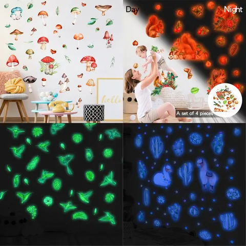 Luminous Cartoon Wall Stickers PVC Glow in the Dark Plant Animal Wall Decals for Kids Room Bedroom Home Decor