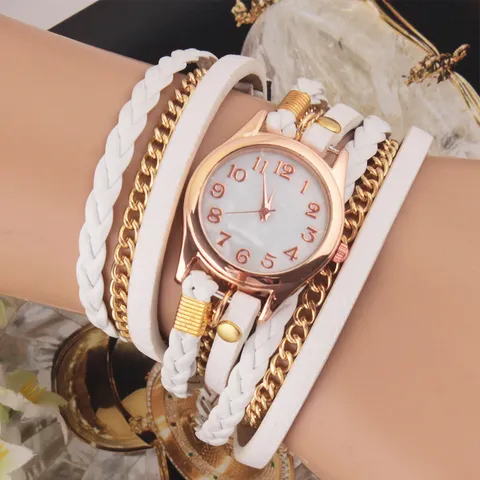 Bohemian Style Multi Layer Wrap Bracelet Watch For Women Analog Quartz Round Dial Alloy Case Leather Weave Band Metal Chain Tassel Pendant Fashion Vintage Wristwatch Jewelry