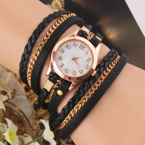 Bohemian Style Multi Layer Wrap Bracelet Watch For Women Analog Quartz Round Dial Alloy Case Leather Weave Band Metal Chain Tassel Pendant Fashion Vintage Wristwatch Jewelry