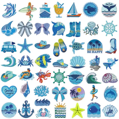 Summer Beach Surf Girl Embroidery Patches Ocean Animals Bowknot Applique Iron On Badges For Clothing DIY Decor