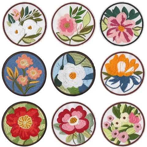 Peony Flower Embroidered Patches Iron On Applique Round Cloth Patches DIY Garment Repair Accessories Decorative Badges