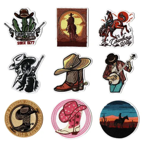 Western Cowboy Computer Embroidery Patches Vintage Cactus Hat Boots Applique Decorative Patches For Clothes Hats Bags