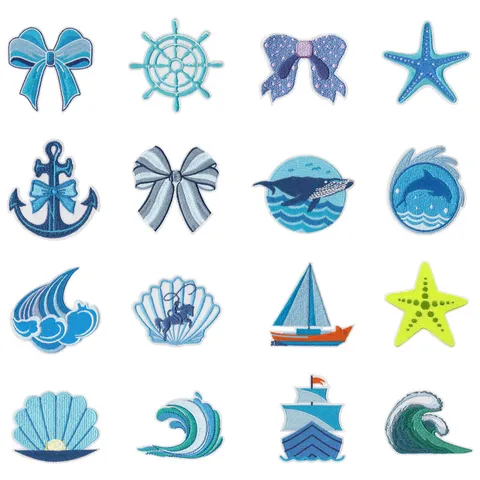 Blue Ocean Wave Cartoon Embroidery Patches Starfish Anchor Bow Tie Iron On Sew On Patches For Clothing DIY Decor
