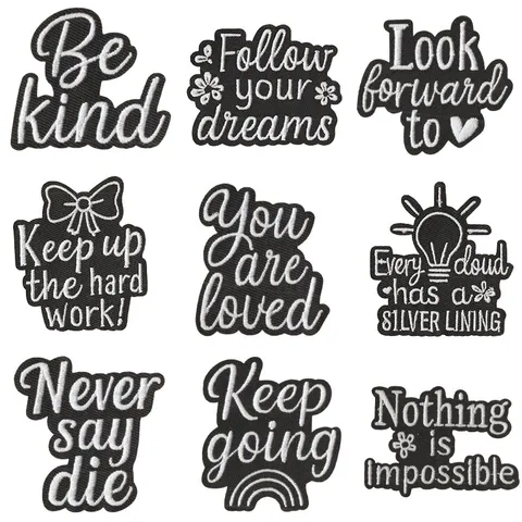 Embroidered Iron On Patch Motivational Slogans Letters Black White Sew On Applique DIY Garment Repair Patch Jacket Bag Decor