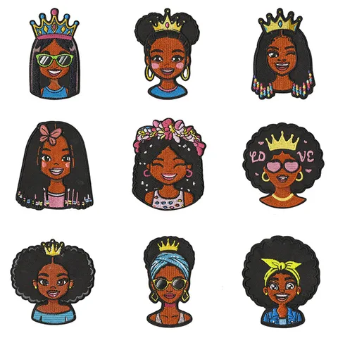Cartoon Black Girl Embroidery Patches Iron On Cute Anime Applique Badges For Clothing DIY Decor
