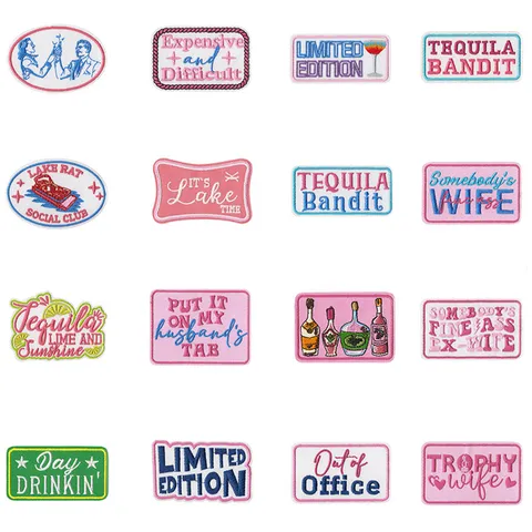 Bar Theme Embroidered Iron On Patches Cute Slogan Cocktail Bottle Applique DIY Clothing Accessories Decorative Badges
