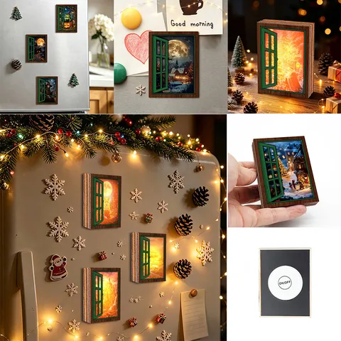 Noël Lumineux Fausse Fenêtre Réfrigérateur Aimant Rétro Bois Magnétique Autocollant Frigo Décoration Maison Cadeau