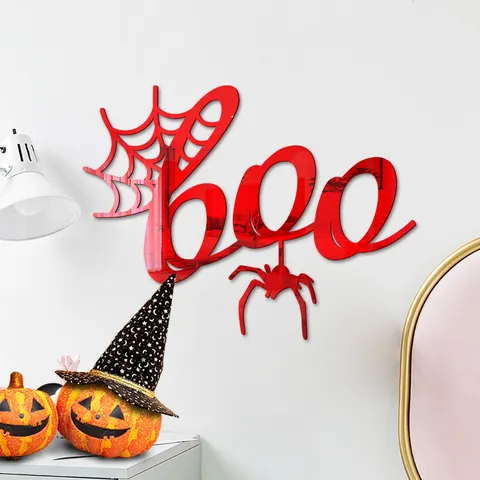 Halloween 3D Acrilico Specchio Adesivo Murale Ragnatela Lettera BOO Impermeabile Decalcomania Casa Festa Decorazione Parete