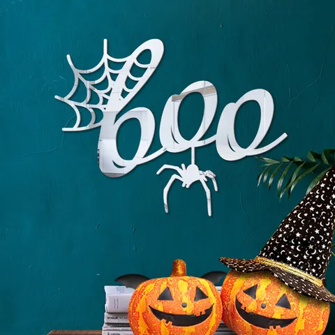 Halloween 3D Acrilico Specchio Adesivo Murale Ragnatela Lettera BOO Impermeabile Decalcomania Casa Festa Decorazione Parete