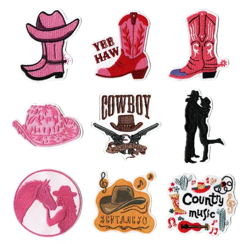 Embroidered Iron On Patches Western Cowboy Cowgirl Hat Boots Cactus Guitar Patch Applique DIY Clothing Decor