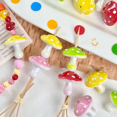 Cute Polka Dot Mushroom Spacer Beads Plastic Resin Cartoon Loose Beads Printed Craft Handmade DIY Jewelry Making Accessories Material For Bracelet Necklace Phone Chain Making