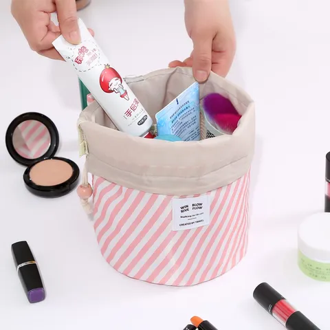 Trousse de Maquillage de Voyage en Tissu Oxford Pochette de Maquillage Cylindrique à Cordon Organisateur de Rangement Multifonctionnel pour Femmes