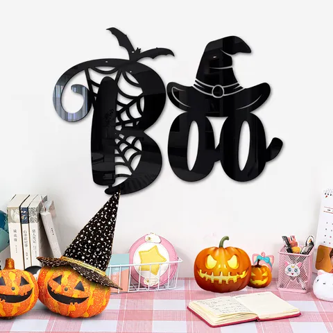 Halloween 3D Spinnennetz BOO Acryl Spiegel Wandaufkleber Wasserdichter Abnehmbarer Aufkleber für Zuhause Wohnzimmer Schlafzimmer Dekor