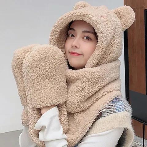 Hiver Mignon Oreilles d'Ours Peluche Chaud Écharpe Chapeau Et Gants Ensemble Cachemire Épais Coupe-vent Accessoires de Mode Pour Femmes