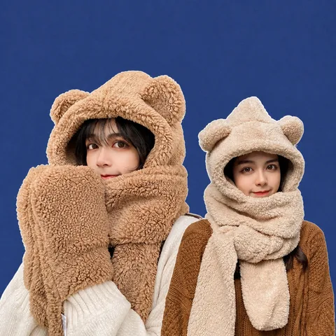 Hiver Mignon Oreilles d'Ours Peluche Chaud Écharpe Chapeau Et Gants Ensemble Cachemire Épais Coupe-vent Accessoires de Mode Pour Femmes