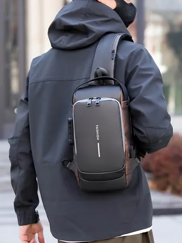 Sac de Poitrine Imperméable pour Homme Sac Bandoulière d'Affaires USB Antivol avec Verrou à Mot de Passe