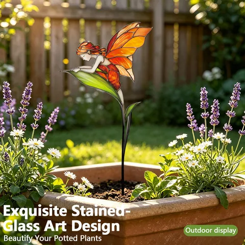 Metall Blumenfee Pflanzenstecker Dekorativer Gartenkunst Buntglas-Stil Hof Rasen Topfpflanze Ornament