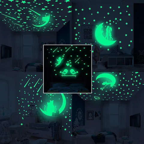 Stickers Muraux Lune Chat Couple Étoiles Brille dans le Noir Lumineux Fluorescent PVC DIY Décoration de Chambre d'Enfant