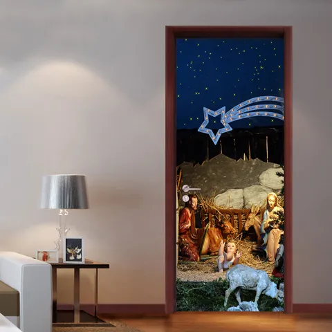 Christmas Nativity Scene Door Sticker 3D Waterproof Removable PVC Wallpaper Mural Holiday Home Bedroom Living Room Decor