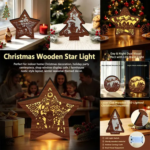 Wooden LED Christmas Luminous Ornament Pentagram Tree Hollow Carved Desktop Display Stand Holiday Party Gift
