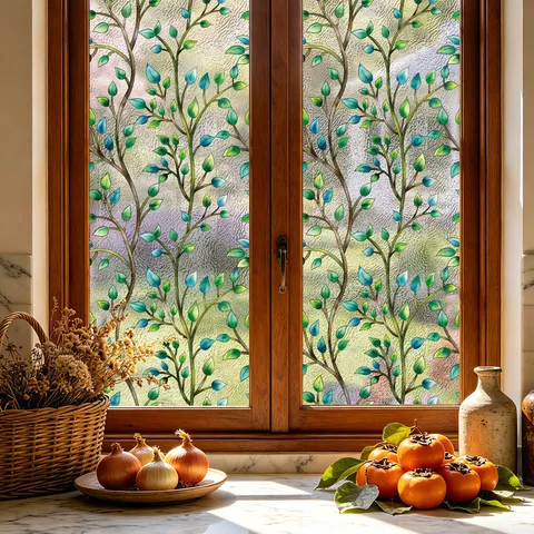 Película Estática Decorativa para Ventana de Vidrio Adhesivo Floral de Ondas de Agua Coloridas para Sala de Estar Protección de Privacidad