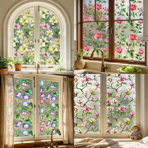 Película Estática Decorativa para Ventana de Vidrio Adhesivo Floral de Ondas de Agua Coloridas para Sala de Estar Protección de Privacidad