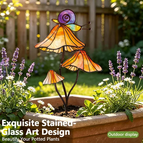 Piquet Décoratif de Jardin en Métal Style Verre Vitrail Champignon Et Escargot Pot de Fleurs Extérieur Cour Pelouse Décor