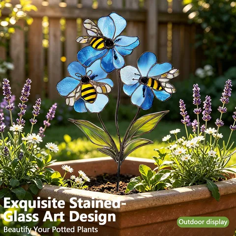 Piquet De Jardin En Métal Verre Teinté Fleur Bleue Et Abeille Plante Décoration Extérieure Cour Pelouse Artisanat